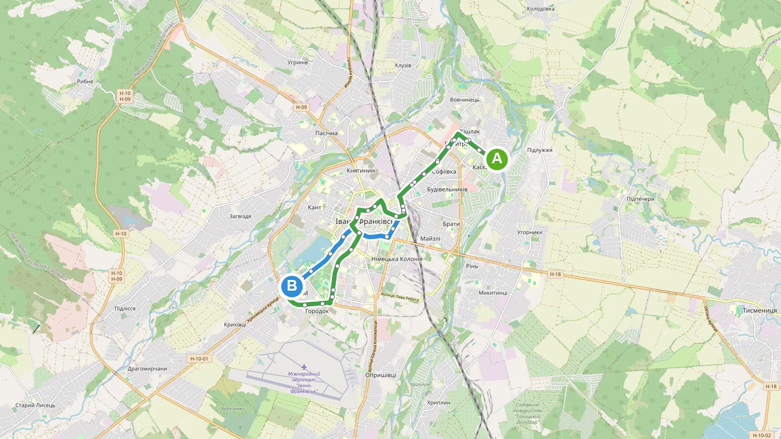 Маршрутка 28 в Івано-Франківську на карті